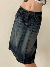 Voguable Vintage Blue Straight Denim Skirt American Retro Aesthetic Chic Stitch Cargo Mid Skirts Y2K Streetwear Grunge New